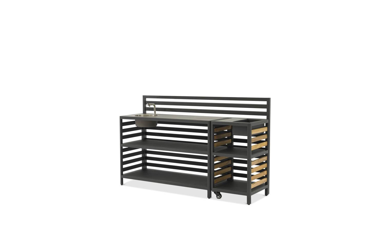 Outdoor Kitchen (wall / sink and tap / 2 wooden shelves / 2 alu shelves / cutting board + 2 solar lamps + 8 single hooks + 2 drawers) / MATERA MT 01G / ANTRACITE