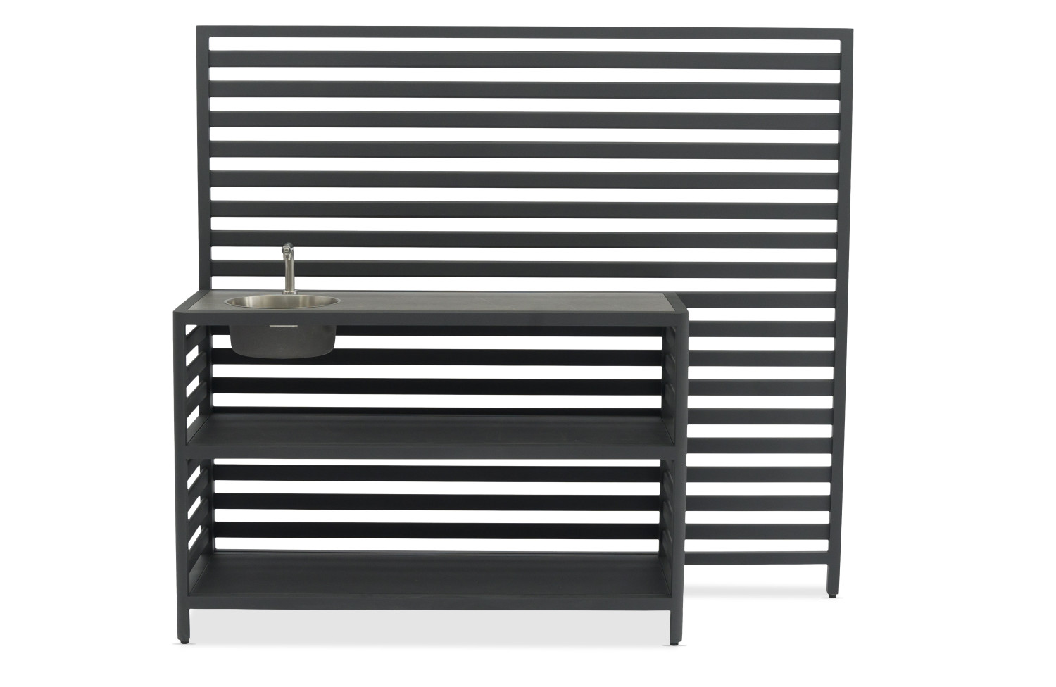 Outdoor Kitchen (wall / sink and tap / 2 wooden shelves / 2 alu shelves / cutting board + 2 solar lamps + 8 single hooks + 2 drawers) / MATERA MT 01G / ANTRACITE