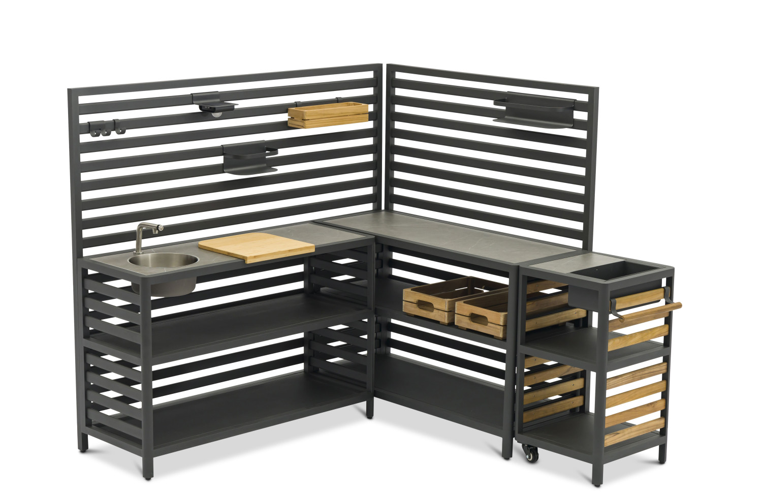 Outdoor Kitchen (wall / sink and tap / 2 wooden shelves / 2 alu shelves / cutting board + 2 solar lamps + 8 single hooks + 2 drawers) / MATERA MT 01G / ANTRACITE