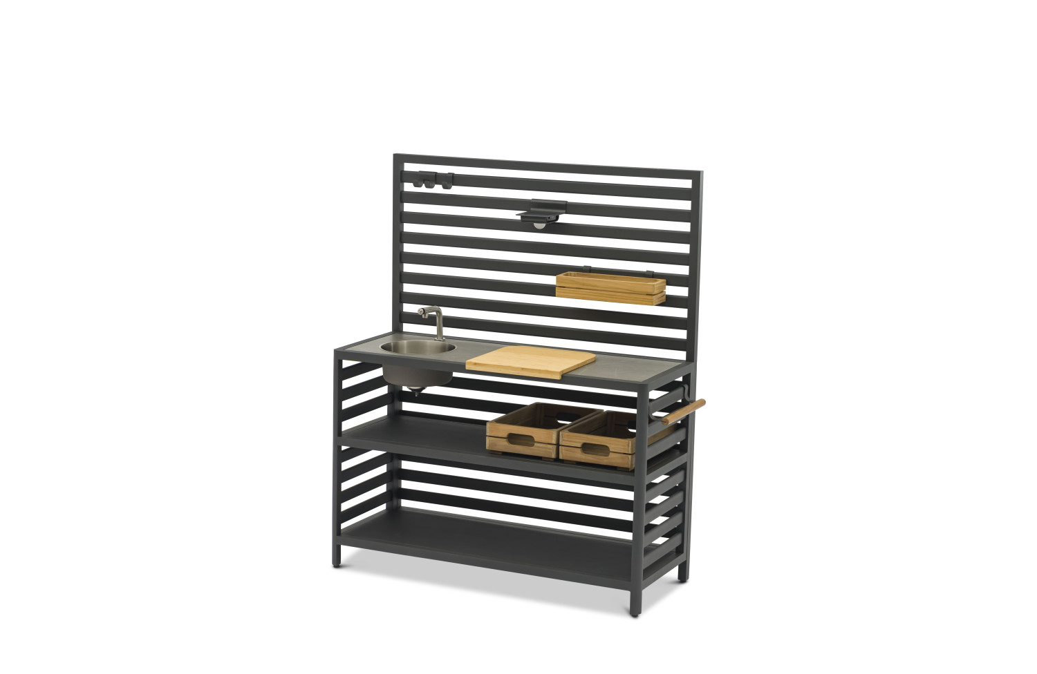 Outdoor Kitchen (wall / sink and tap / 2 wooden shelves / 2 alu shelves / cutting board + 2 solar lamps + 8 single hooks + 2 drawers) / MATERA MT 01G / ANTRACITE