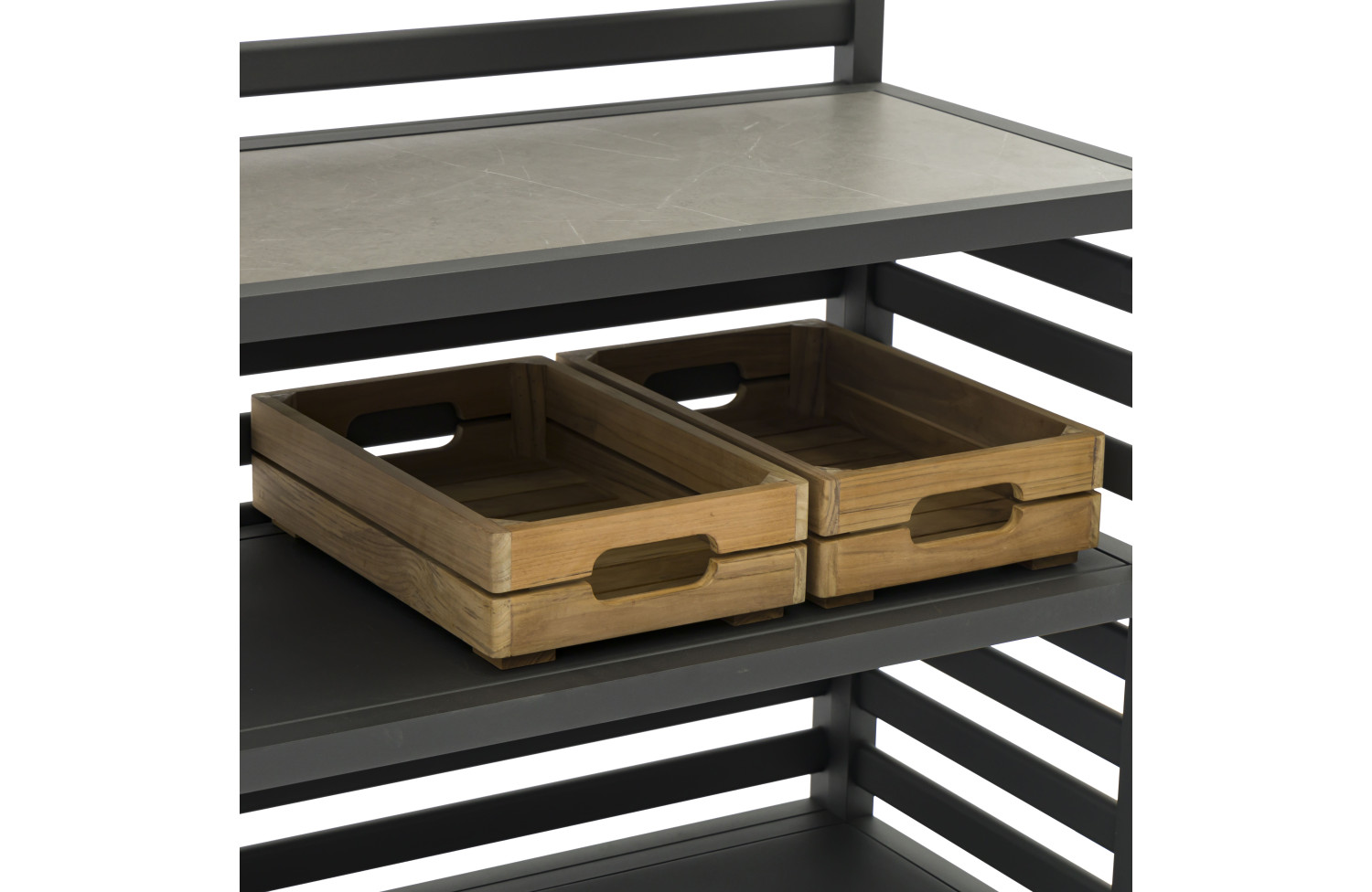 Outdoor Kitchen (wall / sink and tap / 2 wooden shelves / 2 alu shelves / cutting board + 2 solar lamps + 8 single hooks + 2 drawers) / MATERA MT 01G / ANTRACITE