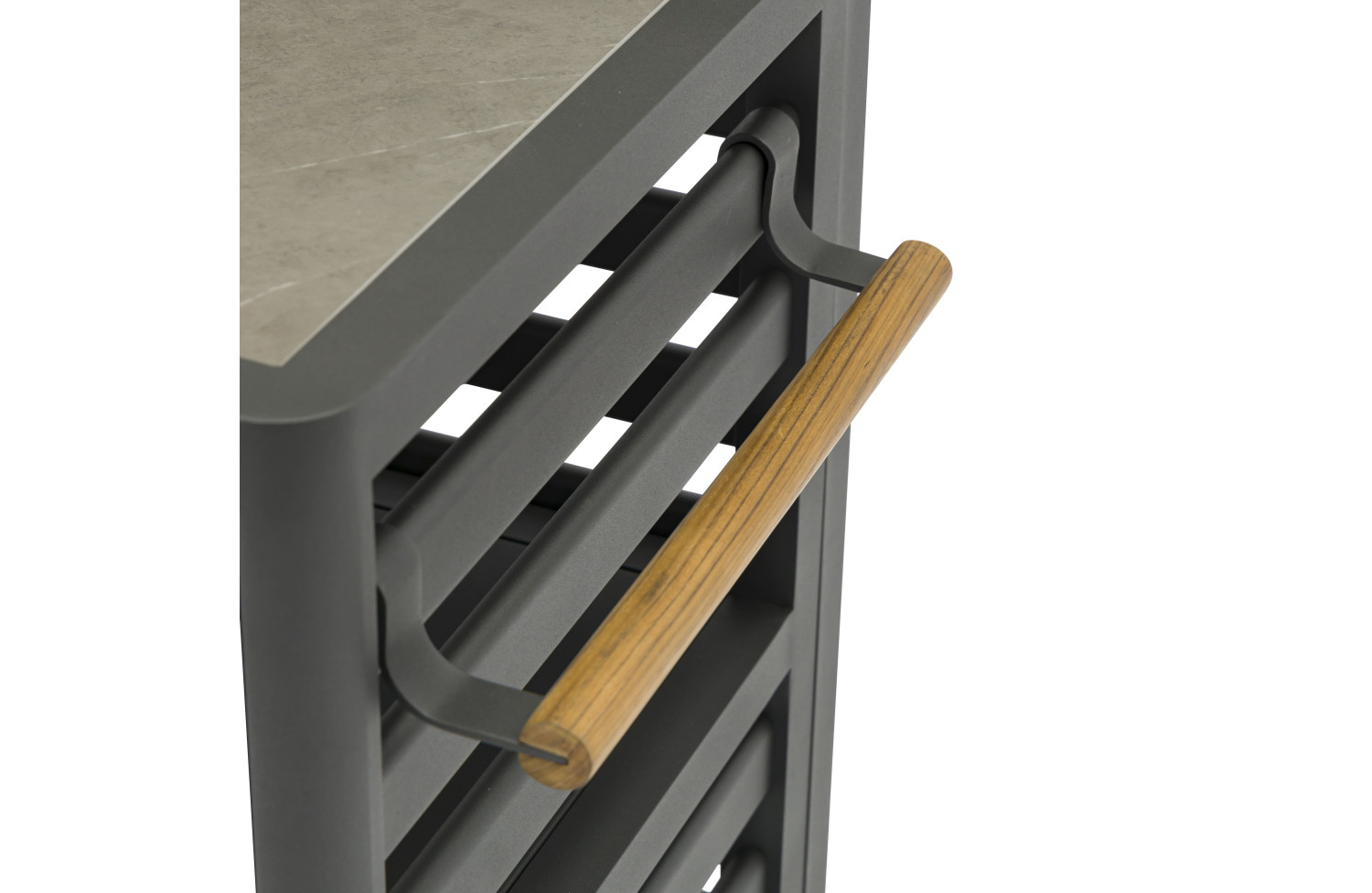 Outdoor Kitchen (wall / sink and tap / 2 wooden shelves / 2 alu shelves / cutting board + 2 solar lamps + 8 single hooks + 2 drawers) / MATERA MT 01G / ANTRACITE