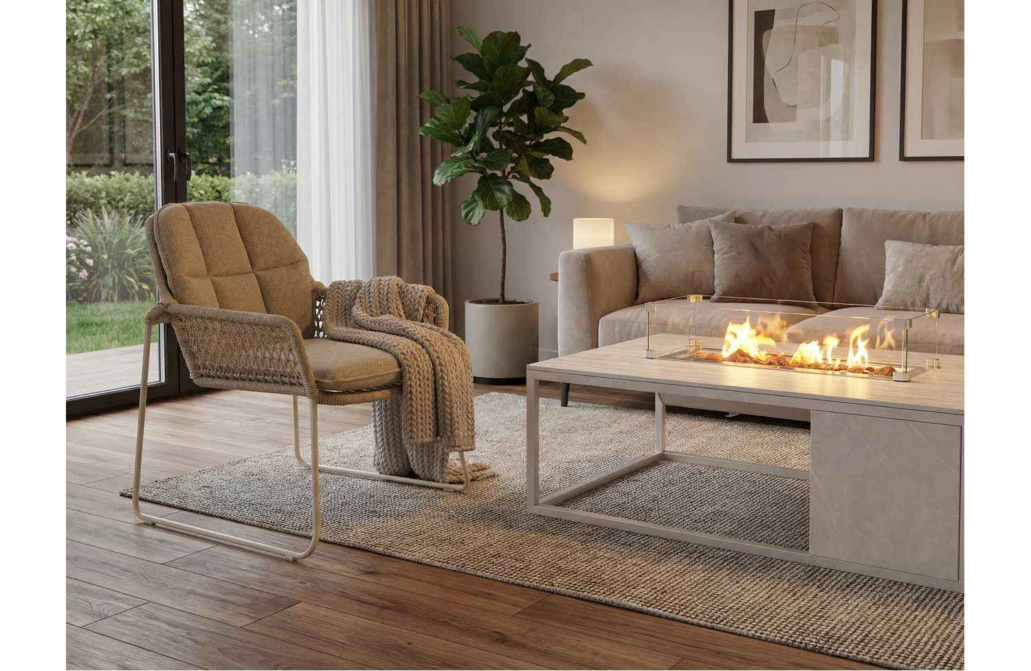 Rectangular fireplace table (with glass) FUEGGO FG 02T / TAUPE