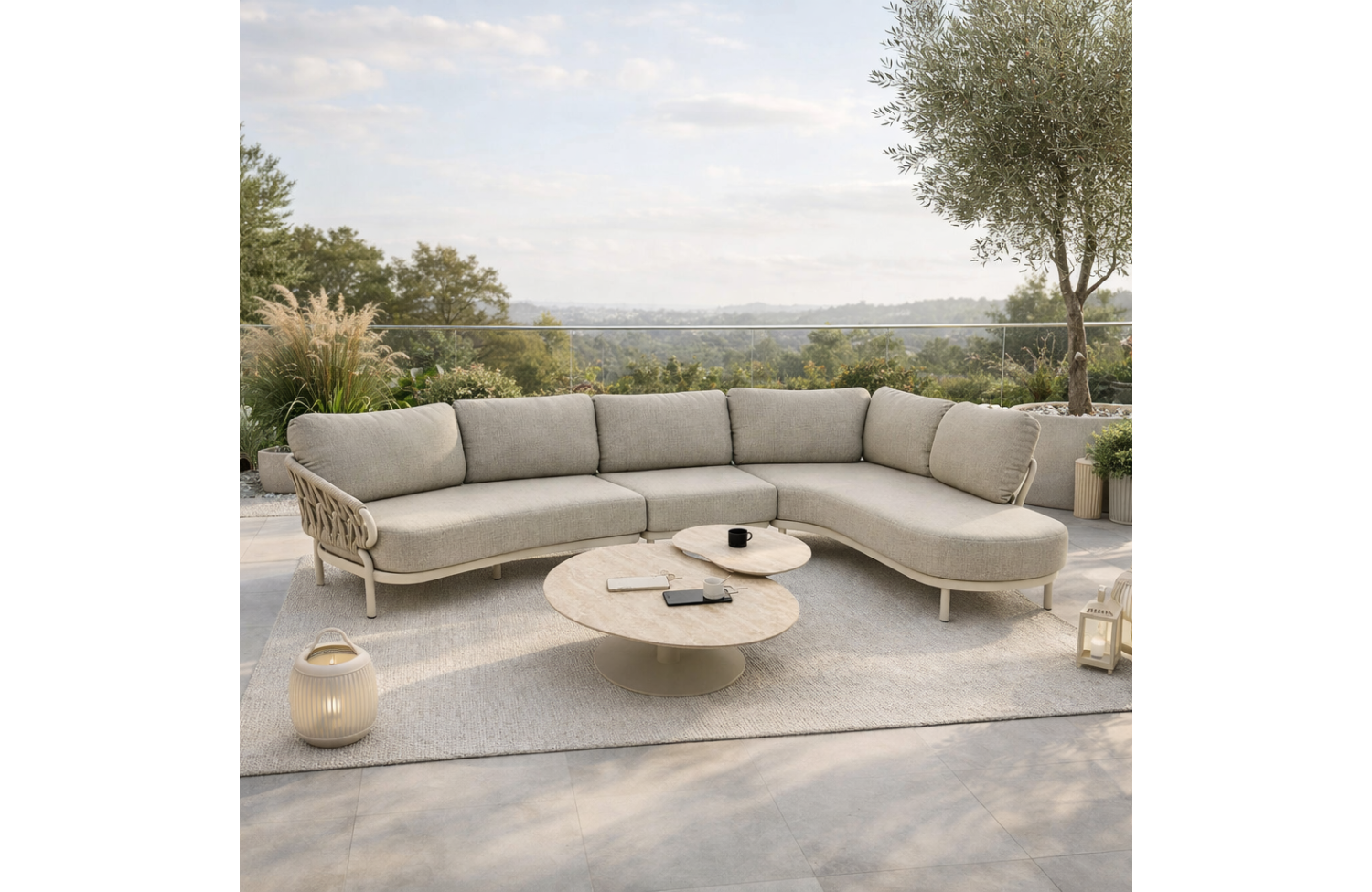 Large corner set LEFT (with cushions) with 2 coffee tables SKANDI SK 63T-L / SK 67T / SK 68T / SK 69T / TAUPE